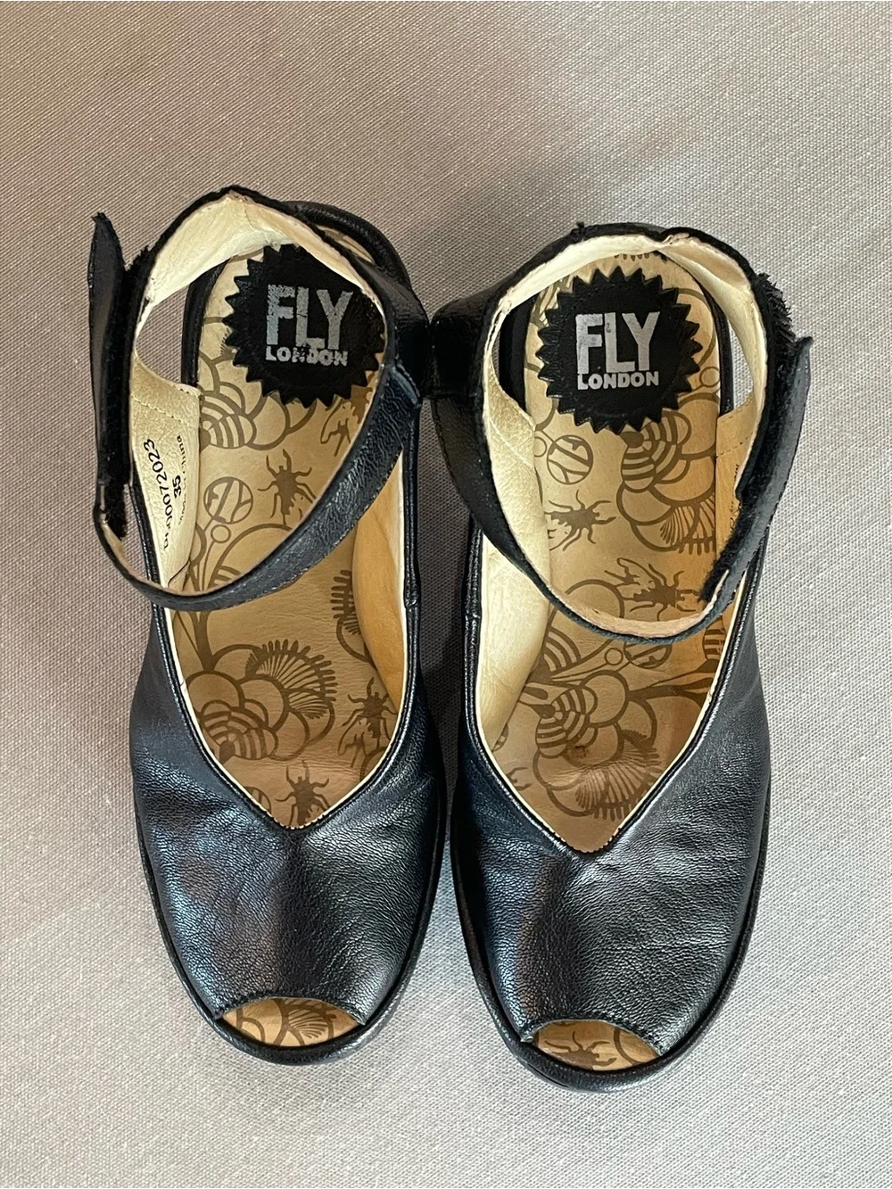 Fly London Black Leather Peep Toe Platform Wedge Sandals with Ankle Strap